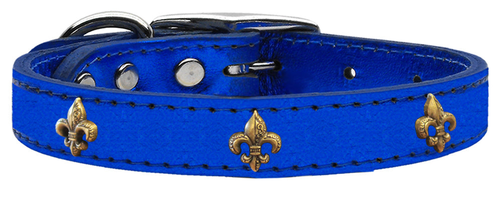 Bronze Fleur De Lis Widget Genuine Metallic Leather Dog Collar - Blue&